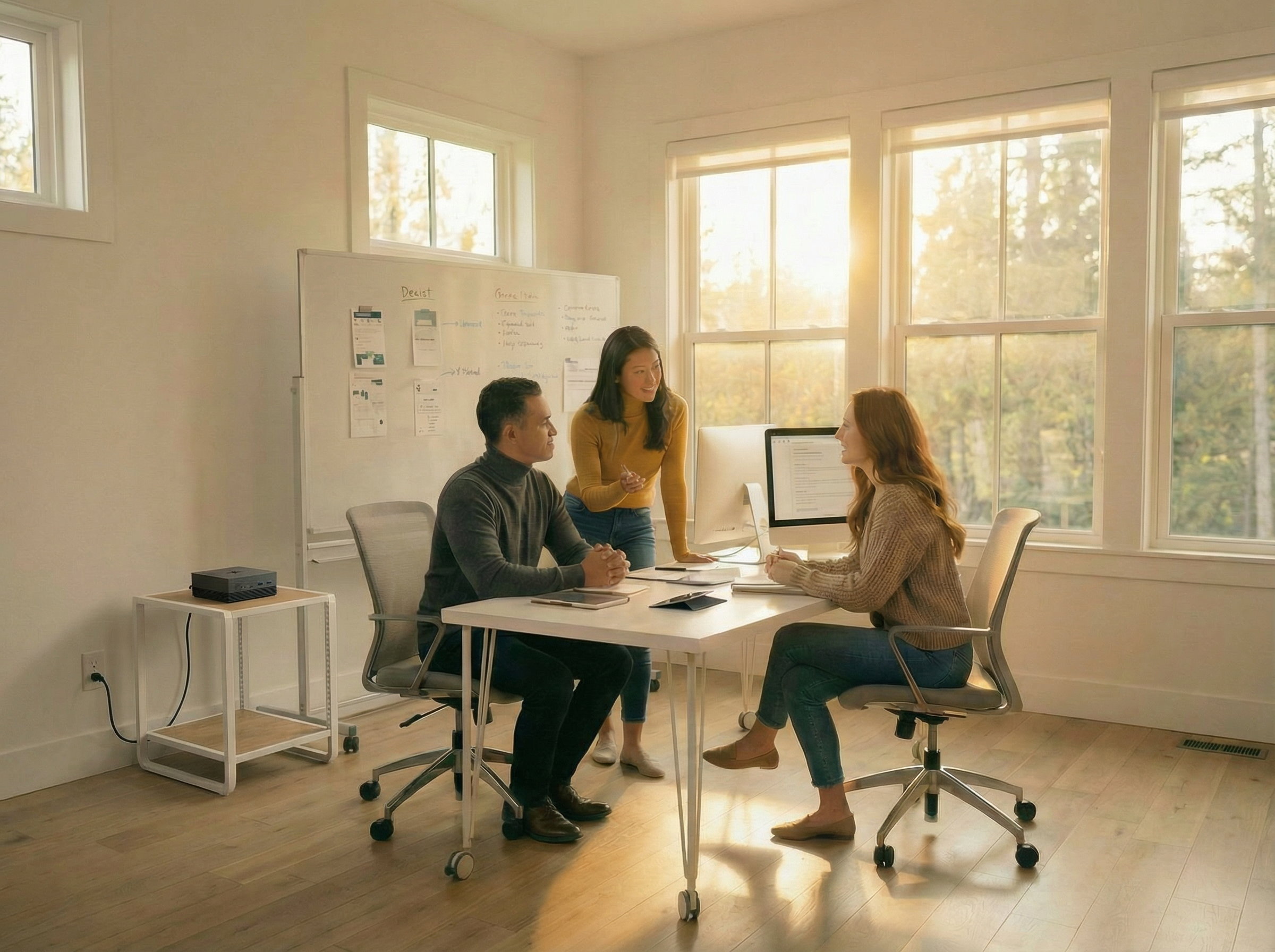 A small workshop cohort working together at a table with a Raspberry Pi on a side stand.